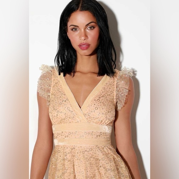 Lulus Dress Womens XS Champagne Beige Sequin Ruffled Midi Party - Picture 8 of 8